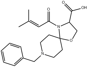 8-benzyl-4-(3-methylbut-2-enoyl)-1-oxa-4,8-diazaspiro[4.5]decane-3-carboxylic acid Struktur