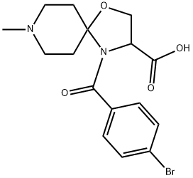 4-(4-ブロモベンゾイル)-8-メチル-1-オキサ-4,8-ジアザスピロ[4.5]デカン-3-カルボン酸 化学構造式