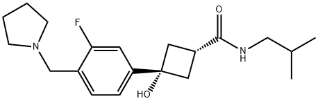 (1s,3s)-3-(3-fluoro-4-(pyrrolidin-1-ylmethyl)phenyl)-3-hydroxy-N-isobutylcyclobutanecarboxamide Structure