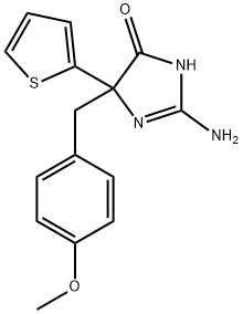 2-amino-5-[(4-methoxyphenyl)methyl]-5-(thiophen-2-yl)-4,5-dihydro-1H-imidazol-4-one 化学構造式