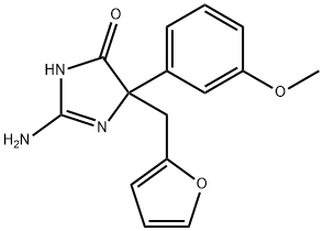 2-amino-5-[(furan-2-yl)methyl]-5-(3-methoxyphenyl)-4,5-dihydro-1H-imidazol-4-one 化学構造式