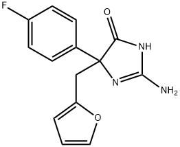 2-amino-5-(4-fluorophenyl)-5-[(furan-2-yl)methyl]-4,5-dihydro-1H-imidazol-4-one 化学構造式