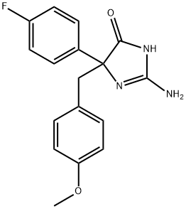 2-amino-5-(4-fluorophenyl)-5-[(4-methoxyphenyl)methyl]-4,5-dihydro-1H-imidazol-4-one Struktur