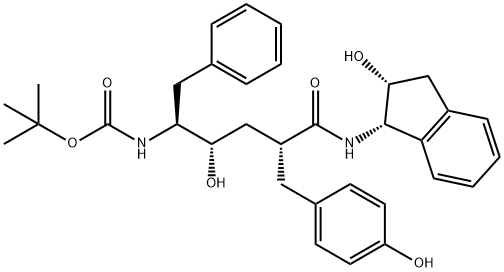 tert-butyl ((2S,3S,5R)-3-hydroxy-6-(((1S,2R)-2-hydroxy-2,3-dihydro-1H-inden-1-yl)amino)-5-(4-hydroxybenzyl)-6-oxo-1-phenylhexan-2-yl)carbamate 化学構造式