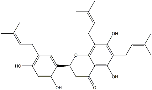 4H-1-Benzopyran-4-one,2-[2,4-dihydroxy-5-(3-methyl-2-buten-1-yl)phenyl]-2,3-dihydro-5,7-dihydroxy-6,8-bis(3-methyl-2-buten-1-yl)-,(2S)- Struktur