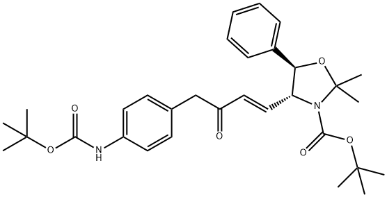 tert-butyl(4R,5R)-4-((E)-4-(4-((tert-butoxycarbonyl)amino)phenyl)-3-oxobut-1-en-1-yl)-2,2-dimethyl-5-phenyloxazolidine-3-carboxylate Struktur