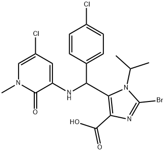 2-bromo-5-(((5-chloro-1-methyl-2-oxo-1,2-dihydropyridin-3-yl)amino)(4-chlorophenyl)methyl)-1-isopropyl-1H-imidazole-4-carboxylic acid Struktur