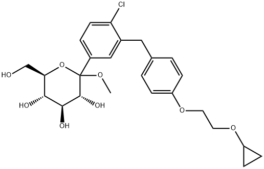 (3R,4S,5S,6R)-2-(4-氯-3-(4-(2-环丙氧基乙氧基)苯甲基)苯基)-6-(羟甲基)-2-甲氧基四氢-2H-吡喃-3,4,5-三醇, 1459754-30-3, 结构式