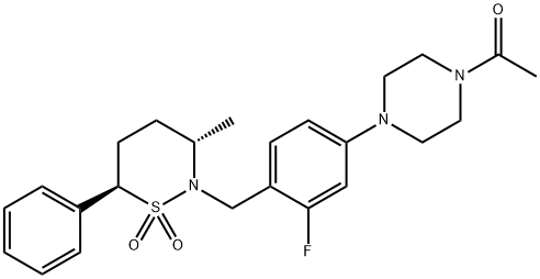 1-(4-(3-fluoro-4-(((3S,6R)-3-methyl-1,1-dioxido-6-phenyl-1,2-thiazinan-2-yl)methyl)phenyl)piperazin-1-yl)ethanone 化学構造式
