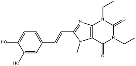 1H-Purine-2,6-dione,8-[2-(3,4-dihydroxyphenyl)ethenyl]-1,3-diethyl-3,7-dihydro-7-methyl-, (E)-(9CI) 化学構造式