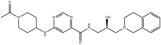 4-Pyrimidinecarboxamide, 6-[(1-acetyl-4-piperidinyl)amino]-N-[(2R)-3-(3,4-dihydro-2(1H)-isoquinolinyl)-2-hydroxypropyl]- Structure