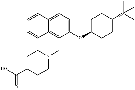 1-((2-((1r,4r)-4-tert-butylcyclohexyloxy)-4-methylnaphthalen-1-yl)methyl)piperidine-4-carboxylic acid Structure