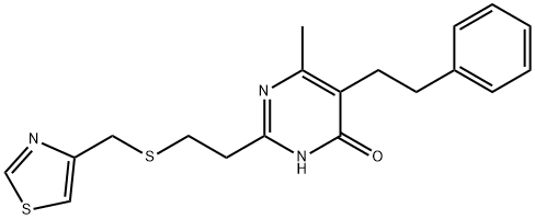 6-methyl-5-phenethyl-2-(2-((thiazol-4-ylmethyl)thio)ethyl)pyrimidin-4(1H)-one 化学構造式