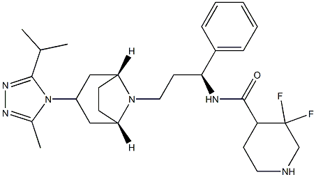 3,3-difluoro-N-((S)-3-((1S,3R,5R)-3-(3-isopropyl-5-methyl-4H-1,2,4-triazol-4-yl)-8-aza-bicyclo[3.2.1]octan-8-yl)-1-phenylpropyl)piperidine-4-carboxamide 化学構造式