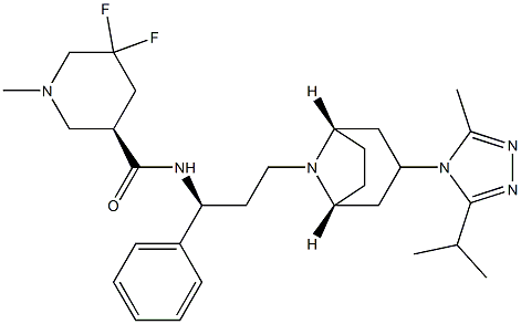 5,5-difluoro-N-((S)-3-((1S,3R,5R)-3-(3-isopropyl-5-methyl-4H-1,2,4-triazol-4-yl)-8-aza-bicyclo[3.2.1]octan-8-yl)-1-phenylpropyl)-1-methylpiperidine-3-carboxamide Structure