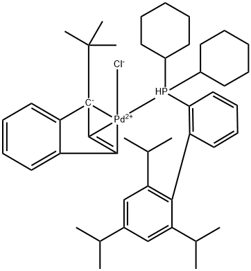 Chloro(1-t-butylindenyl)[2-(dicyclohexylphosphino)-2',4',6'-tri-i-propyl-1,1'-biphenyl]palladium(II) Structure