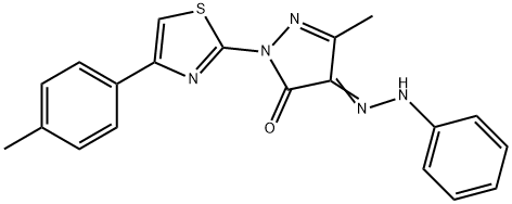 5-methyl-2-[4-(4-methylphenyl)-1,3-thiazol-2-yl]-4-(phenylhydrazono)-2,4-dihydro-3H-pyrazol-3-one Struktur