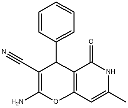 2-amino-7-methyl-5-oxo-4-phenyl-4,6-dihydropyrano[3,2-c]pyridine-3-carbonitrile 化学構造式