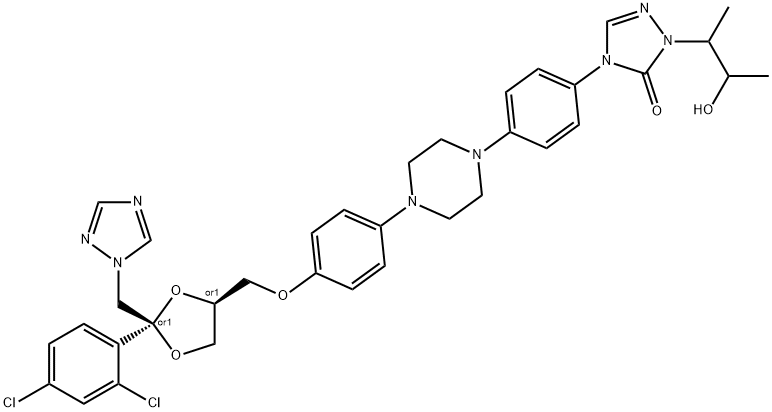 4-[4-[4-[4-[[(2R,4S)-2-(2,4-dichlorophenyl)-2-(1,2,4-triazol-1-ylmethyl)-1,3-dioxolan-4-yl]methoxy]phenyl]piperazin-1-yl]phenyl]-2-(3-hydroxybutan-2-yl)-1,2,4-triazol-3-one Struktur