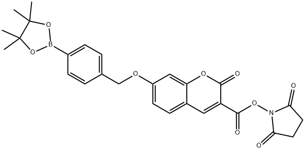 2,5-dioxopyrrolidin-1-yl 2-oxo-7-((4-(4,4,5,5-tetramethyl-1,3,2-dioxaborolan-2-yl)benzyl)oxy)-2H-chromene-3-carboxylate 化学構造式