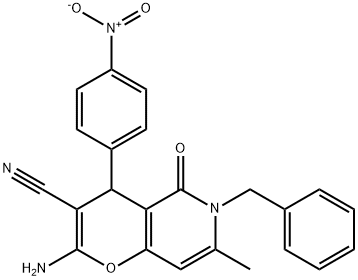 2-amino-6-benzyl-7-methyl-4-(4-nitrophenyl)-5-oxo-4H-pyrano[3,2-c]pyridine-3-carbonitrile Struktur