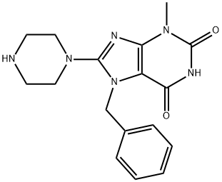 7-benzyl-3-methyl-8-(piperazin-1-yl)-3,7-dihydro-1H-purine-2,6-dione Struktur