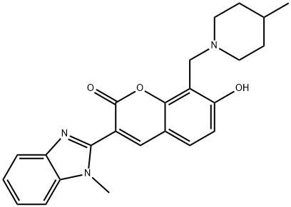 7-hydroxy-3-(1-methyl-1H-benzo[d]imidazol-2-yl)-8-((4-methylpiperidin-1-yl)methyl)-2H-chromen-2-one 化学構造式