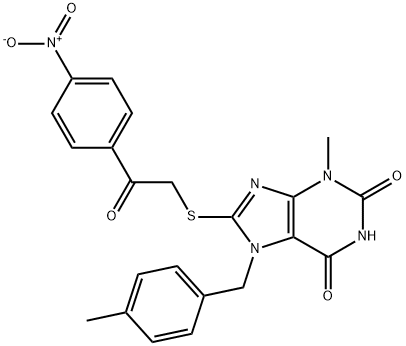 3-methyl-7-(4-methylbenzyl)-8-((2-(4-nitrophenyl)-2-oxoethyl)thio)-3,7-dihydro-1H-purine-2,6-dione,303969-77-9,结构式