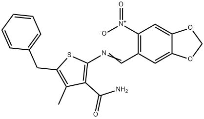 5-benzyl-4-methyl-2-{[(6-nitro-1,3-benzodioxol-5-yl)methylene]amino}-3-thiophenecarboxamide Structure