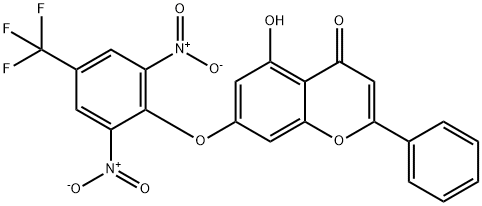 7-(2,6-dinitro-4-(trifluoromethyl)phenoxy)-5-hydroxy-2-phenyl-4H-chromen-4-one Struktur