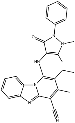 1-((1,5-dimethyl-3-oxo-2-phenyl-2,3-dihydro-1H-pyrazol-4-yl)amino)-2-ethyl-3-methylbenzo[4,5]imidazo[1,2-a]pyridine-4-carbonitrile Struktur