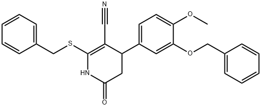 4-(3-(benzyloxy)-4-methoxyphenyl)-2-(benzylthio)-6-oxo-1,4,5,6-tetrahydropyridine-3-carbonitrile 结构式