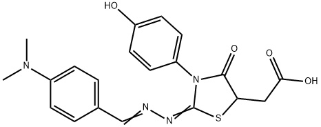 2-((E)-2-(((E)-4-(dimethylamino)benzylidene)hydrazono)-3-(4-hydroxyphenyl)-4-oxothiazolidin-5-yl)acetic acid 结构式