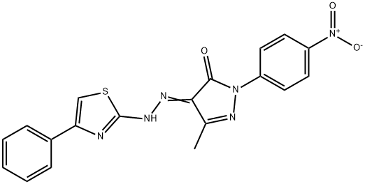 5-methyl-2-(4-nitrophenyl)-4-[(4-phenyl-1,3-thiazol-2-yl)hydrazono]-2,4-dihydro-3H-pyrazol-3-one Struktur
