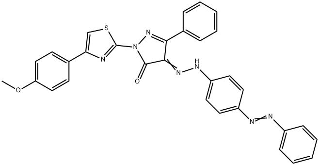 2-[4-(4-methoxyphenyl)-1,3-thiazol-2-yl]-5-phenyl-4-{[4-(phenyldiazenyl)phenyl]hydrazono}-2,4-dihydro-3H-pyrazol-3-one Struktur