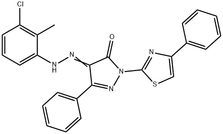 4-[(3-chloro-2-methylphenyl)hydrazono]-5-phenyl-2-(4-phenyl-1,3-thiazol-2-yl)-2,4-dihydro-3H-pyrazol-3-one Struktur