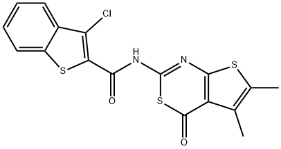 3-chloro-N-(5,6-dimethyl-4-oxo-4H-thieno[2,3-d][1,3]thiazin-2-yl)benzo[b]thiophene-2-carboxamide 结构式