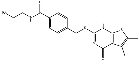 4-(((5,6-dimethyl-4-oxo-3,4-dihydrothieno[2,3-d]pyrimidin-2-yl)thio)methyl)-N-(2-hydroxyethyl)benzamide,325693-59-2,结构式