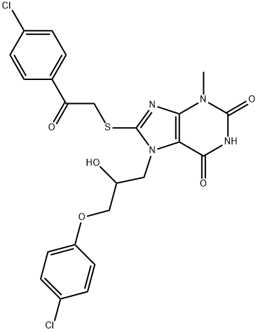 7-(3-(4-chlorophenoxy)-2-hydroxypropyl)-8-((2-(4-chlorophenyl)-2-oxoethyl)thio)-3-methyl-3,7-dihydro-1H-purine-2,6-dione Structure