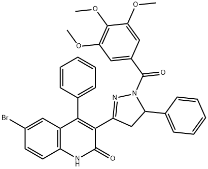 6-bromo-4-phenyl-3-(5-phenyl-1-(3,4,5-trimethoxybenzoyl)-4,5-dihydro-1H-pyrazol-3-yl)quinolin-2(1H)-one Struktur