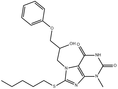 7-(2-hydroxy-3-phenoxypropyl)-3-methyl-8-(pentylthio)-3,7-dihydro-1H-purine-2,6-dione 化学構造式