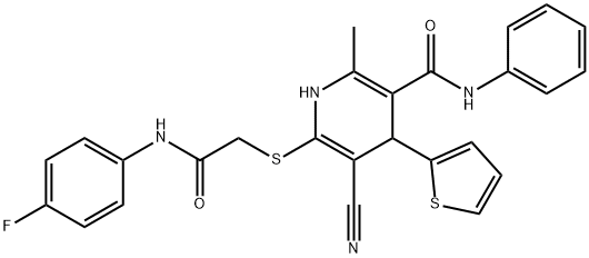 5-cyano-6-((2-((4-fluorophenyl)amino)-2-oxoethyl)thio)-2-methyl-N-phenyl-4-(thiophen-2-yl)-1,4-dihydropyridine-3-carboxamide 结构式