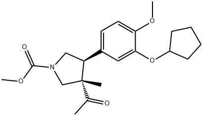 1-Pyrrolidinecarboxylic acid, 3-acetyl-4-[3-(cyclopentyloxy)-4-methoxyphenyl]-3-methyl-, methyl ester, (3S,4S)- 化学構造式