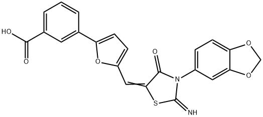 (Z)-3-(5-((3-(benzo[d][1,3]dioxol-5-yl)-2-imino-4-oxothiazolidin-5-ylidene)methyl)furan-2-yl)benzoic acid Struktur