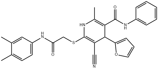 5-cyano-6-((2-((3,4-dimethylphenyl)amino)-2-oxoethyl)thio)-4-(furan-2-yl)-2-methyl-N-phenyl-1,4-dihydropyridine-3-carboxamide 结构式