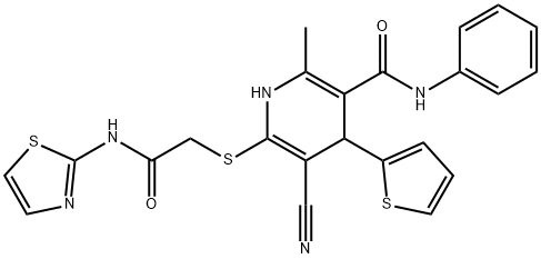 5-cyano-2-methyl-6-((2-oxo-2-(thiazol-2-ylamino)ethyl)thio)-N-phenyl-4-(thiophen-2-yl)-1,4-dihydropyridine-3-carboxamide 结构式