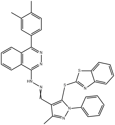 N-[(E)-[5-(1,3-benzothiazol-2-ylsulfanyl)-3-methyl-1-phenylpyrazol-4-yl]methylideneamino]-4-(3,4-dimethylphenyl)phthalazin-1-amine Struktur