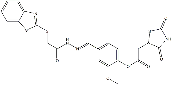 (E)-4-((2-(2-(benzo[d]thiazol-2-ylthio)acetyl)hydrazono)methyl)-2-methoxyphenyl 2-(2,4-dioxothiazolidin-5-yl)acetate 化学構造式