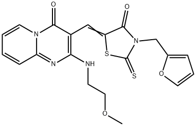 (Z)-3-(furan-2-ylmethyl)-5-((2-((2-methoxyethyl)amino)-4-oxo-4H-pyrido[1,2-a]pyrimidin-3-yl)methylene)-2-thioxothiazolidin-4-one 化学構造式