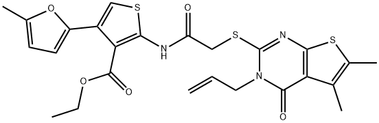 ethyl 2-(2-((3-allyl-5,6-dimethyl-4-oxo-3,4-dihydrothieno[2,3-d]pyrimidin-2-yl)thio)acetamido)-4-(5-methylfuran-2-yl)thiophene-3-carboxylate,379236-46-1,结构式